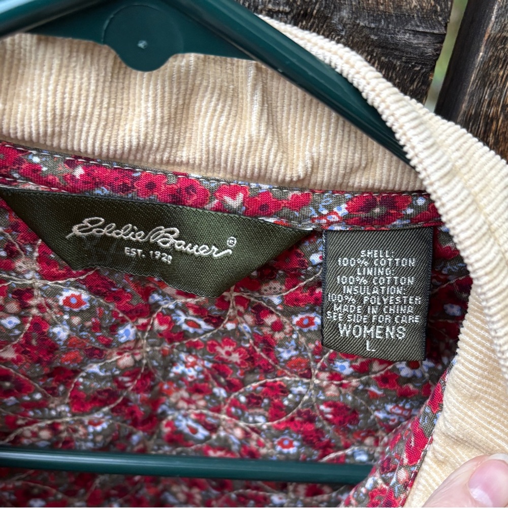 Eddie Bauer Wm’s Corduroy Quilted Floral Lined Zip Vest In Tan Sz L - Picture 3 of 10